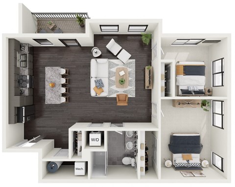 a rendering of the 1 bedroom floor plan with the living room and dining room separated